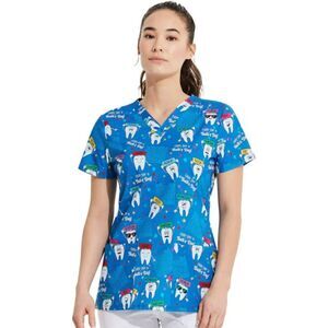 Dickies Medical Every Day Is Tooth's Day Dental V Neck Short Sleeve Scrub Top LG